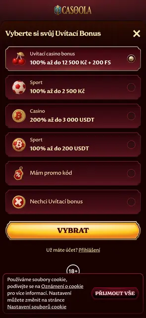 Výběr uvítacího bonusu v češtině na webu Casoola