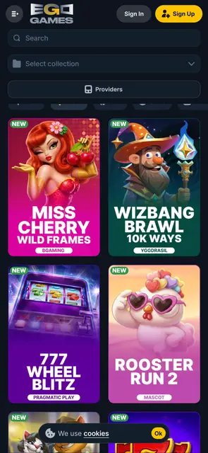 Mobilní web EgoGames, herní lobby s novými automaty